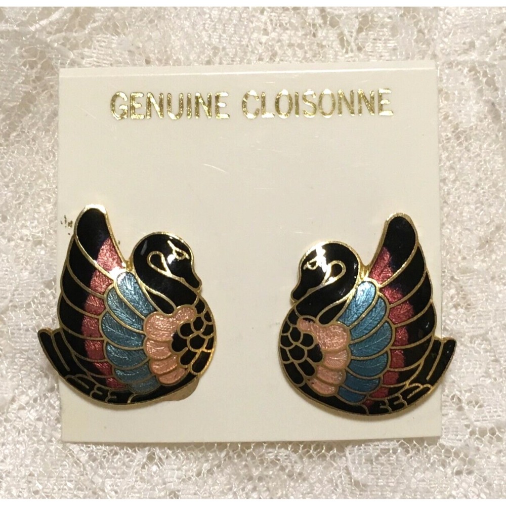 Vintage Cloisonne Swan Earrings Clip Ons Gold Tone